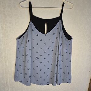 Black And Baby Blue Crown Print Reverible Top, Keyhole Back